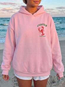 SHEIN EZwear 寬鬆長袖抽繩加厚女款運動衫，街頭風，適合日常通勤、約會、聚會，秋冬/夏季，聖誕節、新年、感恩節、派對、婚禮、海灘、畢業，優雅休閒外出穿搭 - 淺粉色 - 查看 3