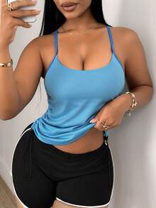 SHEIN Sports 女款側邊抽繩日常健身運動背心 - 藍色 - 查看 4