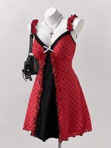 Sunspun Plus Size Fashion Minimalist Sexy Style Ruffle Lace Polka Dot Bowknot Dress - Red - View 5