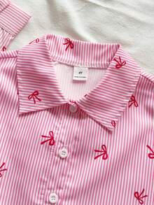 SHEIN Vintaside Kids 女童檸檬條紋印花清新輕盈設計襯衫，翻領長袖寬鬆休閒襯衫，仿檸檬刺繡圖案，春/秋休閒襯衫 - 粉色 - 查看 9