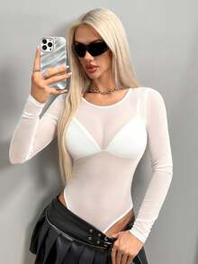 SHEIN SXY Sexy Sheer Mesh Bodysuits, Spring & Summer - White - View 5