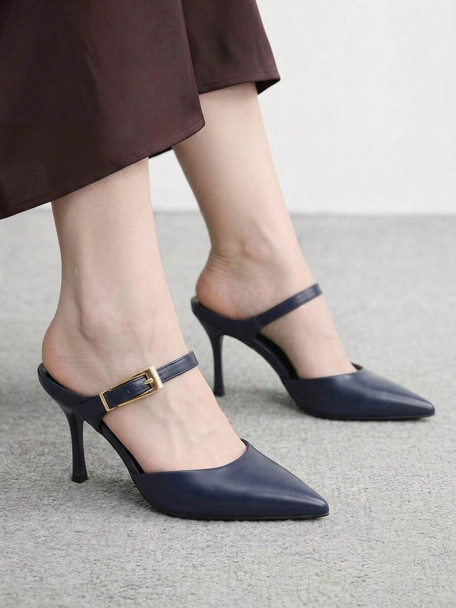 CUCCOO BIZCHIC 女款春夏新款簡約金屬扣尖頭高跟鞋 白色後背細跟涼鞋 通勤百搭款 - 藏蓝色 - 查看 1