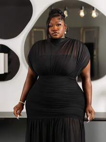 CurvyTilda 大码女士优雅精致浪漫迷人时尚情人节约会派对婚礼宾客假日薄纱网纱两合一超长连衣裙棕色 - 黑色 - 查看 4