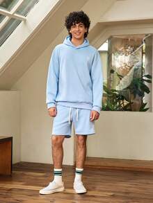 Whitmere Men's Light Blue Solid Hooded Long Sleeve Knit Loose Fit Hoodie Set, Fleece Lined, Casual, Drawstring, Ribbed, Pocket, Spring/Fall/Winter, Sweatsuit Gift For Father/ Husband - Baby Blue - View 1