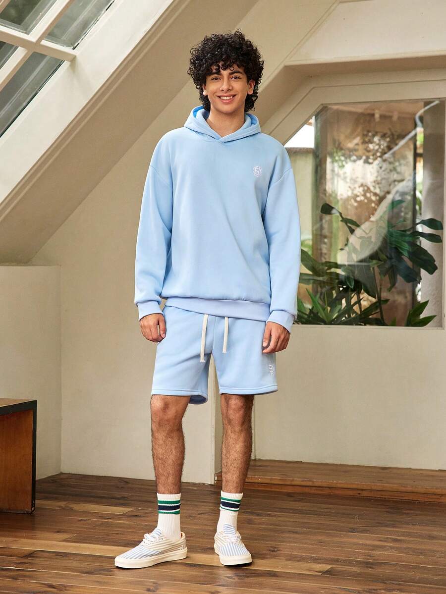 Whitmere Men's Light Blue Solid Hooded Long Sleeve Knit Loose Fit Hoodie Set, Fleece Lined, Casual, Drawstring, Ribbed, Pocket, Spring/Fall/Winter, Sweatsuit Gift For Father/ Husband - Baby Blue - View 1