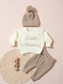 SHEIN 3Pcs Set White Autumn Baby Hospital Arrival Announcement Outfit Graphic Knitted Tops And Pants With Hat Newborn Photo Shoot Props Family Matching - Multicolor - View 3