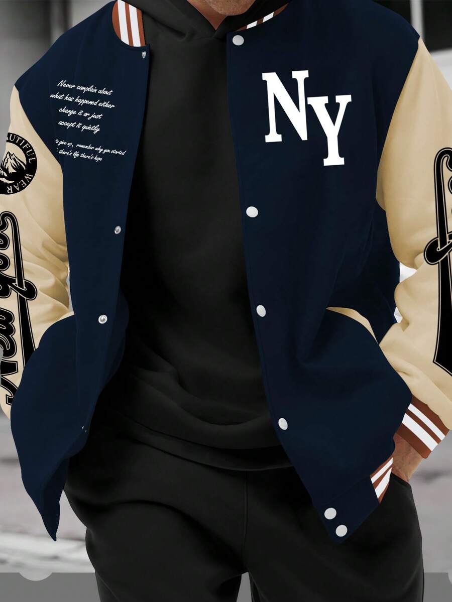 Manfinity Homme Men's Casual Slogan Print Color Block Long Sleeve Baseball Collar Jacket, For Autumn, Men Varsity Jacket, Baseball Jacket, New York Jacket - Multicolor - View 1