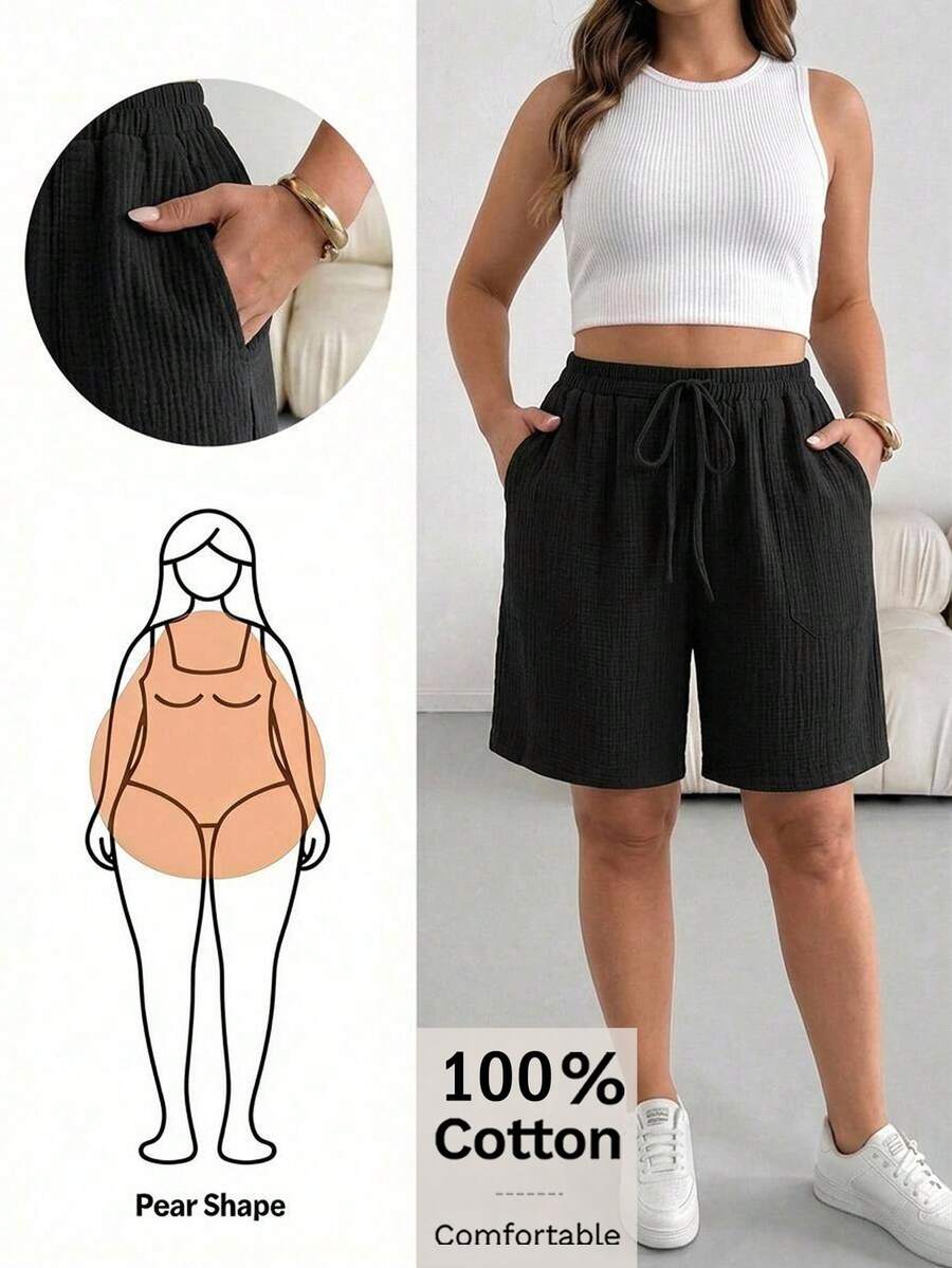 Shapeblank Shorts casuales versátiles de uso diario para mujer talla grande, color liso, con cintura con cordón - Negro - Ver 1