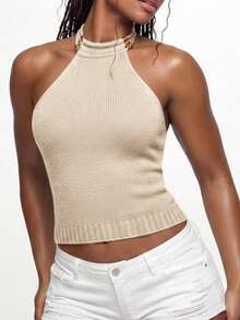 ROMWE Top tricoté femme blanc sexy et décontracté, dos nu, col licou, décor perles en bois, style vacances hot girl, pour soirée et rendez-vous d'été - Jaune citron - Voir 3