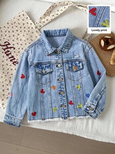 SHEIN 女童彩色愛心刺繡圖案藍色牛仔領長袖夾克