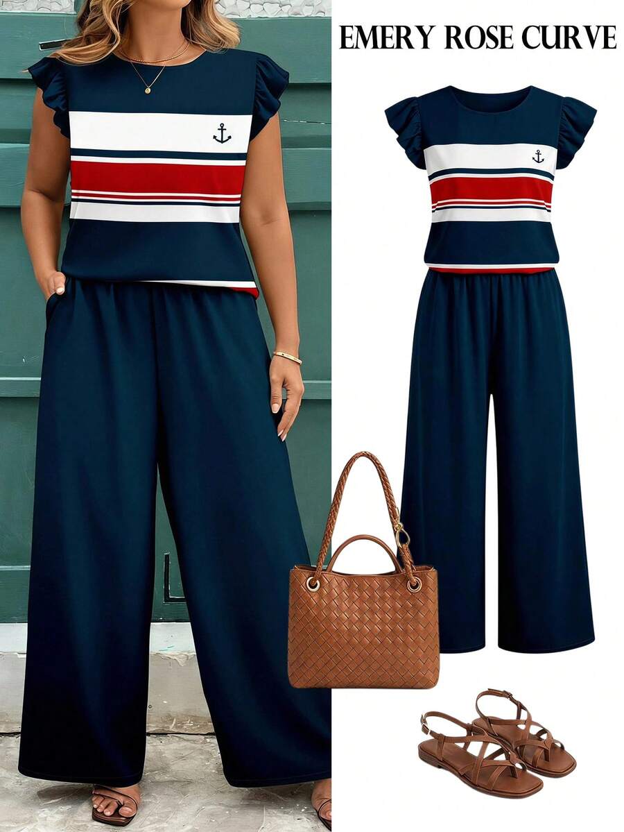 EMERY ROSE Nautical Striped Print Casual Minimalist Plus Size 2 Pieces Set