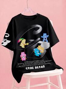 SHEIN X Care Bears تي شيرت رجالي بطباعة كرتونية كاجوال للاستخدام اليومي بأكمام قصيرة - الأسود - مشاهدة 1