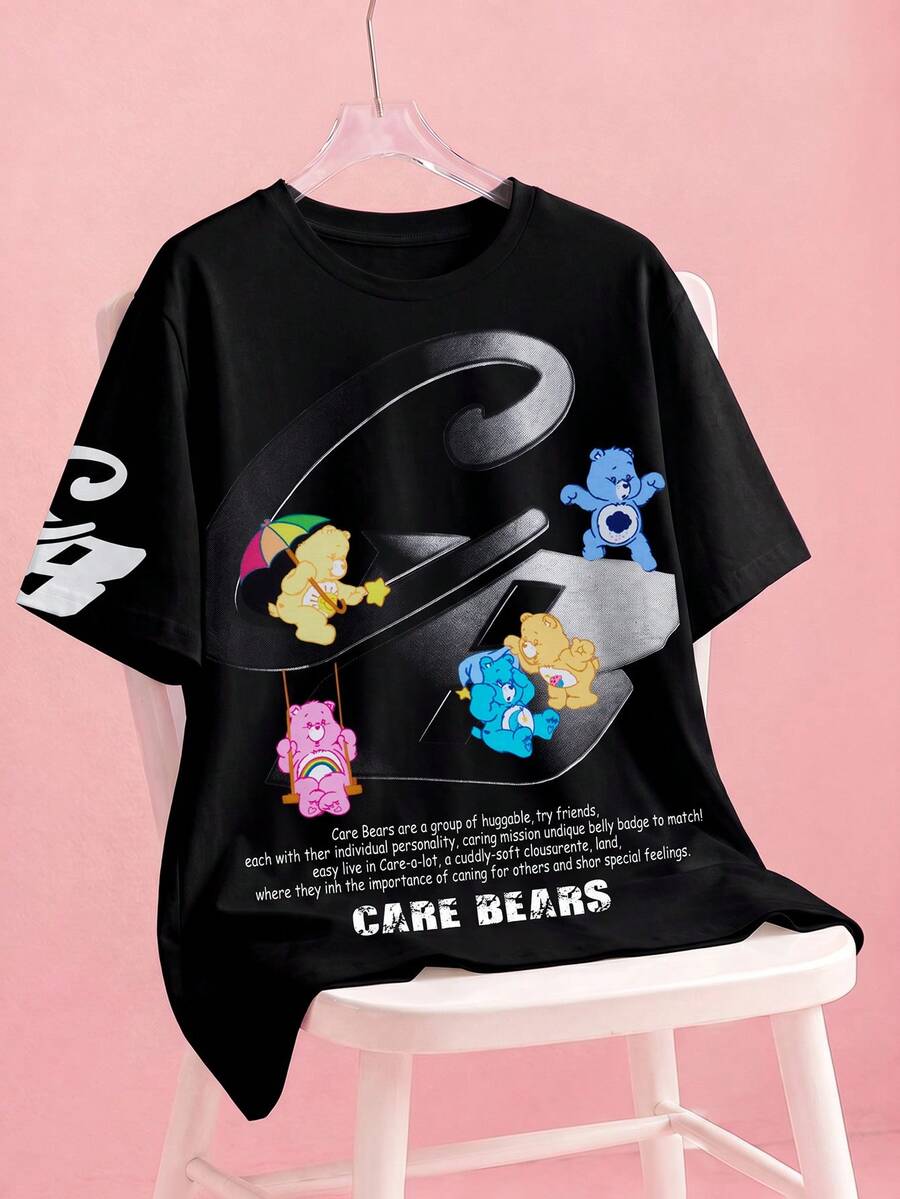 SHEIN X Care Bears تي شيرت رجالي بطباعة كرتونية كاجوال للاستخدام اليومي بأكمام قصيرة - الأسود - مشاهدة 1