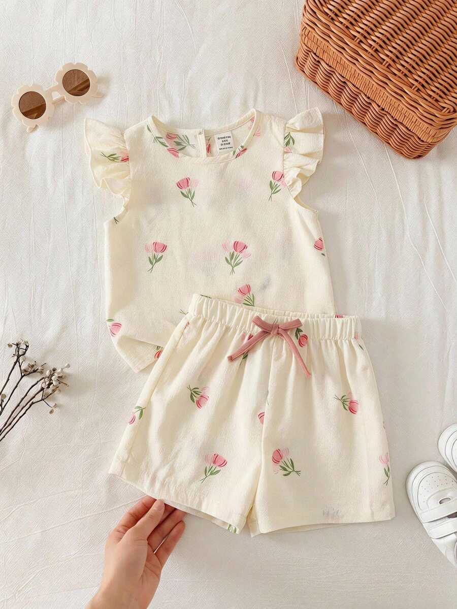 女嬰幼兒女童 2件組 春夏甜美可愛粉色花卉印花上衣套裝,女嬰套裝/衣服,Squishy - 粉色 - 查看 1