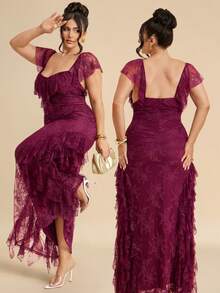 SHEIN BAE CURVE Abito bianco con balze in pizzo per taglie comode - Rosso - Visualizzare 1