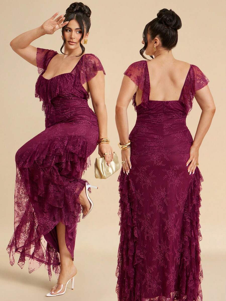 SHEIN BAE CURVE Abito bianco con balze in pizzo per taglie comode - Rosso - Visualizzare 1