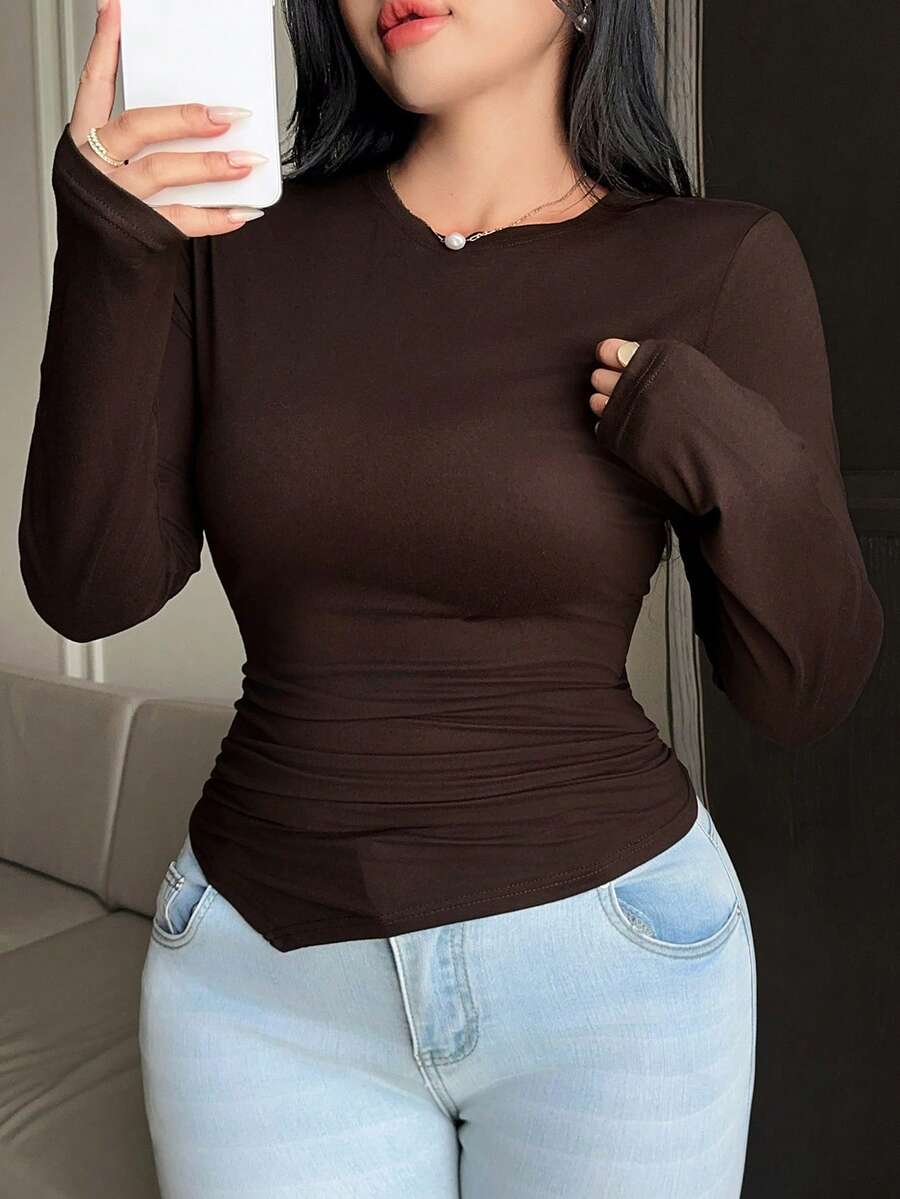 Dazy Plus Kaos Lengan Panjang Warna Polos, Pas Badan, Desain Asimetris, Slim Warna Cokelat untuk Musim Semi, Musim Panas, dan Musim Gugur - Coklat - View 1