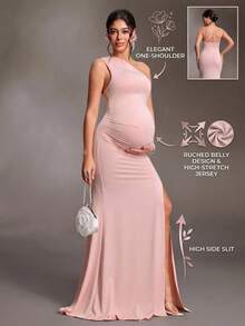 Cheriluna Maternity Elegante vestido de maternidad de un solo hombro para sesión de fotos, vestido largo de noche ajustado de tela brillante con abertura, para sesión de fotos de baby shower, fucsia rosa, verano - Rosa - Ver 9
