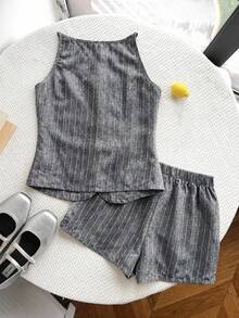 SHEIN 青少年女孩休閒日常百搭舒適圓領無袖上衣與短褲套裝 - 黑色 - 查看 2