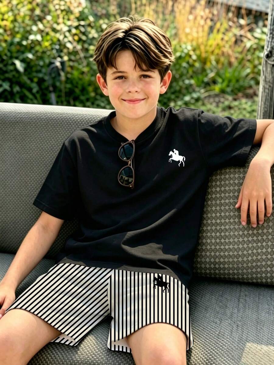 SHEIN Tween Boy Minimalist Horse Rider Silhouette Print Crew Neck Short Sleeve T-Shirt And Black Vertical Striped Loose Shorts 2-Piece Set - Multicolor - View 1