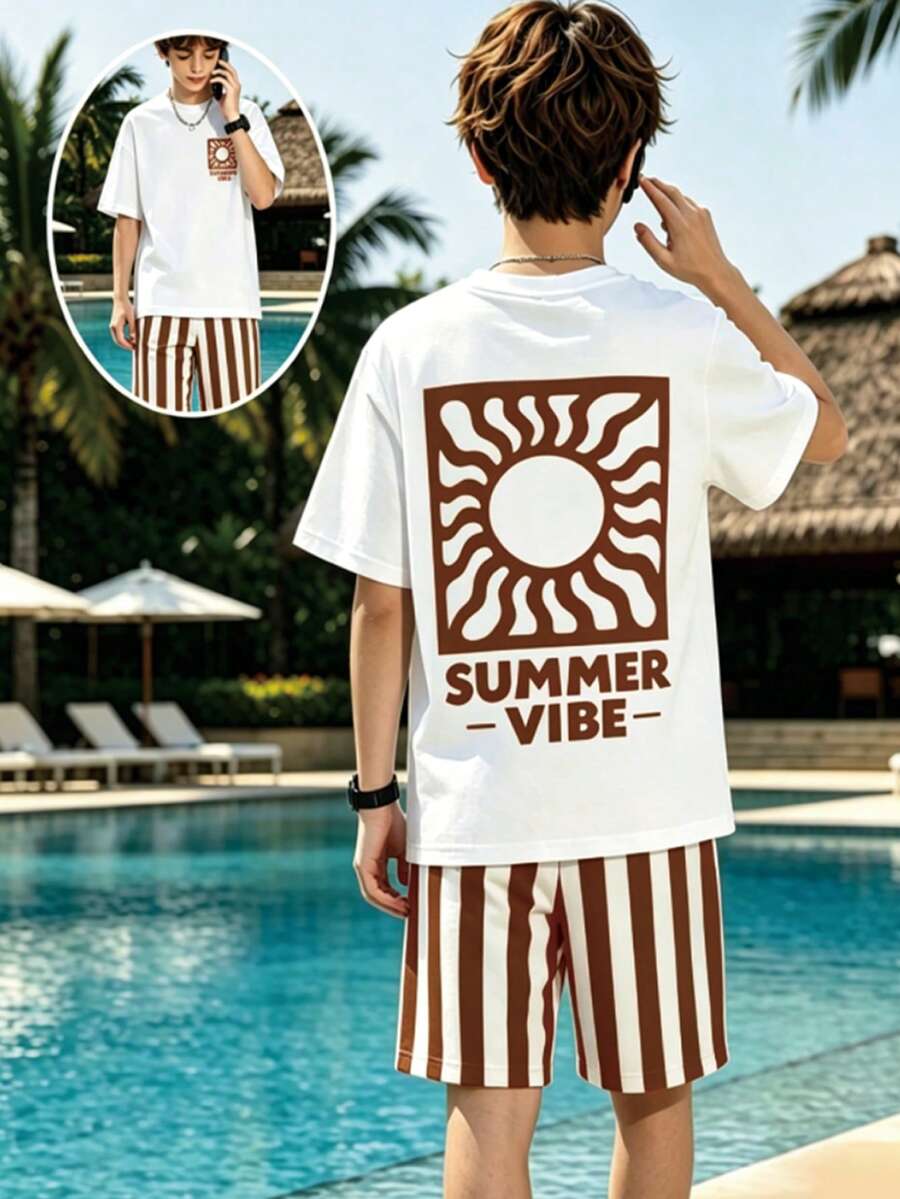 SHEIN 青少年男孩極簡 INS 風格兩件套,白色圓領短袖 T 恤配可正反穿向日葵印花,搭配清新棕色條紋寬鬆短褲,城市海灘派對度假風 - 彩色 - 查看 1