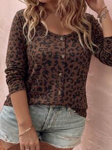 SHEIN LUNE Camiseta de manga larga para mujer de talla grande con estampado de leopardo, casual y versátil, nueva y de gran para otoño/invierno - Multicolor - Ver 5