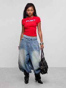 COUREZ Short Sleeve Slogan Print Baby Tee / Y2K Graphic Tee Print Tee Fall Winter Outfits Cute Tops Crop Top Short Sleeve Tops For Women Going Out Tops - Red - View 5