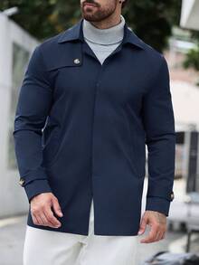 Manfinity Mode Men's Solid Color Single-Breasted Fashion Versatile Daily Casual Trench Coat Jacket - Navy Blue - View 5