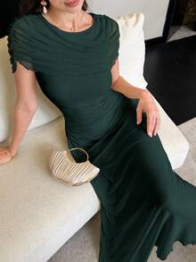 Modelyn 淡黃色薄紗百褶後綁帶優雅晚禮服法式風格婚禮女款超長洋裝 - 墨綠色 - 查看 4