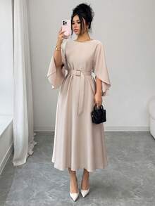 SHEIN Raffinéa 女士优雅收腰连衣裙，蝙蝠袖设计，卡其色，适合通勤、外出和约会，春夏款 - 卡其色 - 查看 3