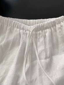 SHEIN New Women's Linen Elastic Waist Drawstring Straight Leg Wide Leg Casual White Loose Minimalist Plus Size 2-Piece Shorts Set - Multicolor - View 6