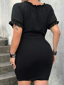 Whyspr Plus Size Dark Black Lace-Up Dress - Black - View 2