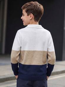 SHEIN 兒童青少年男孩休閒韓系學院風 Polo 領套頭針織毛衣，適合通勤、上學、日常休閒穿著、運動，適用秋冬 - 白色 - 查看 3