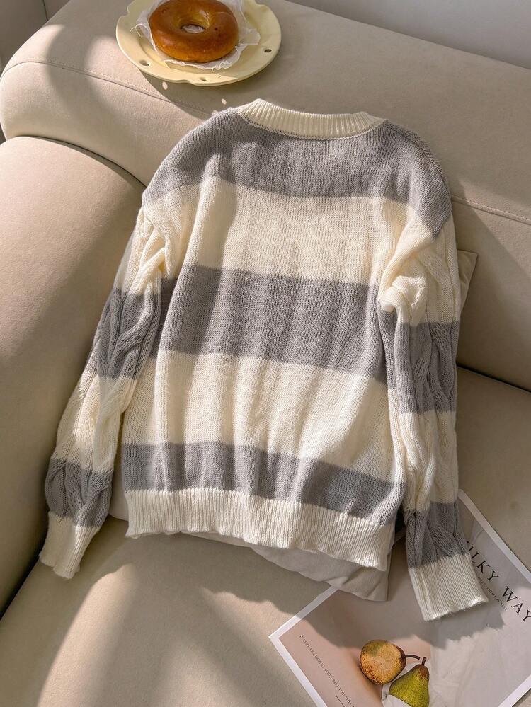 SHEIN Tween Girls Striped Colorblock Cable Knit V-Neck Lantern Sleeve Loose Fit Pullover Sweater, Suitable For Autumn/Winter And Outdoor Wear - Multicolor - View 2