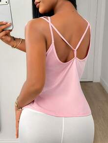 SHEIN Core Rhythm 女款運動瑜珈戶外健身背心，X型背帶交叉後背設計，寬鬆休閒基礎款 - 粉色 - 查看 4