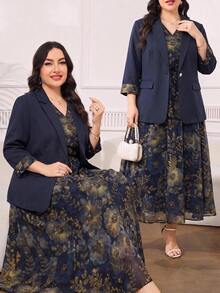 SHEIN Clasi Conjunto de chaqueta y vestido con estampado floral y patchwork en talla grande para otoño/invierno - Azul - Ver 7