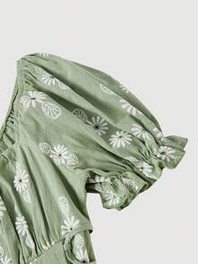 SHEIN MOD 刺繡花瓣袖綁腰綠色中長洋裝 - 彩色 - 查看 7