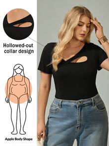 Shapeblank Women's Plus Size New Spring/Summer Fashionable Black Hollow-Out Slim Fit Short Sleeve T-Shirt, Versatile - Black - View 2