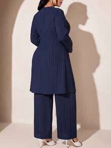 Veilorie Plus Size Solid Color Wrap Top And Pants 2 Pieces Set - Blue - View 2