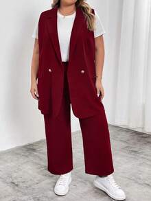 SHEIN CURVE+ 大尺碼翻領雙排扣背心西裝外套 工作服 畢業季返校穿搭 - 酒紅色 - 查看 4