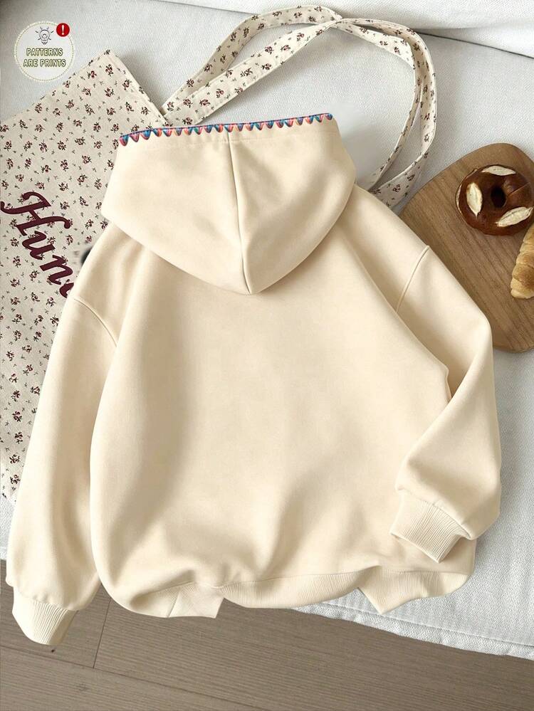 1pc Tween Girl Embroidered Casual Color Block Floral Pattern Sports Hoodie, Thermal Lined Sweatshirt, Autumn/Winter Back To School, Fashionable Versatile, Colorful - Hot Pink - View 2
