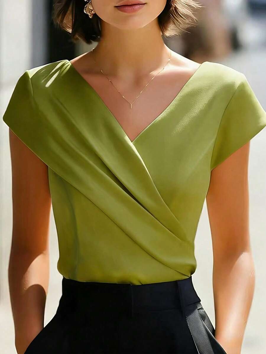 EMERY ROSE Women's Solid Color Elegant V-Neck Criss-Cross T-Shirt - Green - View 1