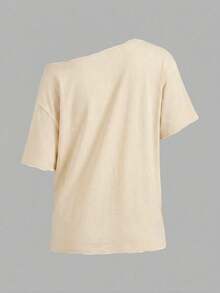 SHEIN EZwear 休閒極簡虎紋大肚印花露肩落肩短袖寬鬆女款T恤 - 白色 - 查看 3