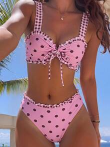 Swim Mod Women's Summer Beach Polka Dot Plaid Ruched Bikini Top And Triangle Bottom Two-Piece Swimsuit Set Pink And Black Polka Dot Cute - Pink - View 3