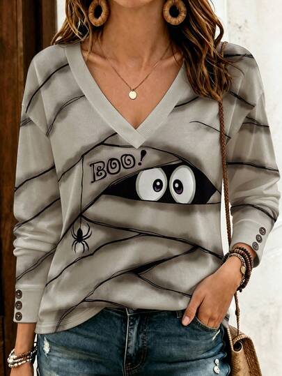 EMERY ROSE Camiseta de manga larga con cuello en V y estampado de araña de Halloween para mujer, estilo casual holgado, top divertido de fantasma, talla grande