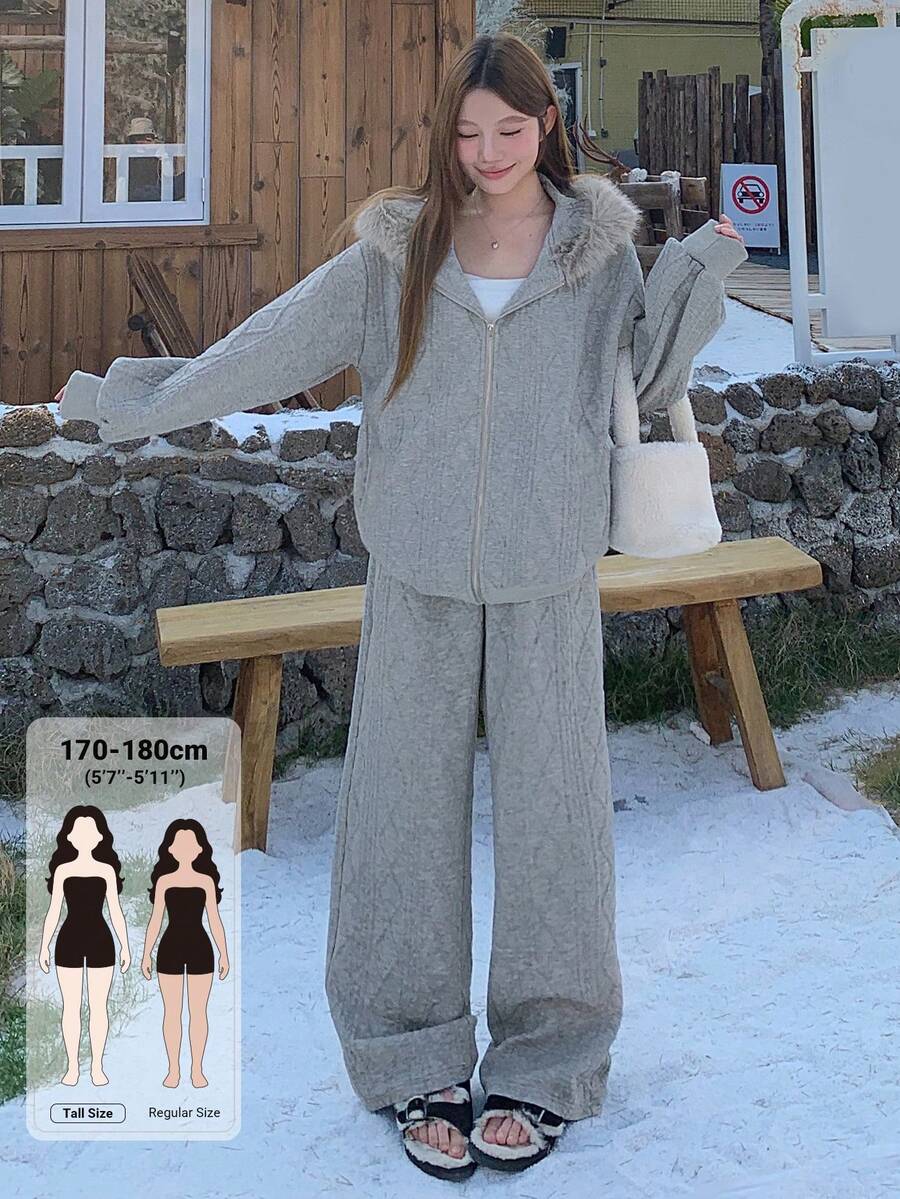 Dazy Tall Women's Fur Collar Patchwork Jacket And Loose Long Pants Casual 2 Pieces Set - Light Grey - View 1