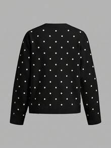 SHEIN BASICS 黑白波點長袖針織開襟衫，時尚優雅，休閒約會通勤秋季款 - 黑色 - 查看 2