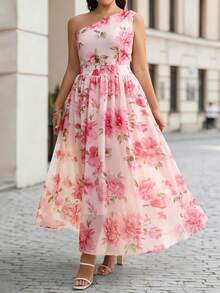 Velvienne Fashionable Elegant Light Pink Women's One-Shoulder Waist-Cinching A-Line Chiffon Printed Maxi Dress Plus Size - Pink - View 4