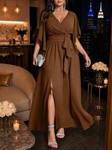 Auvina Plus Size Women's Solid Color Fitted V-Neck Flare Sleeve Tie Waist Ruched Slit Elegant Party Maxi Dress - Brown - View 1
