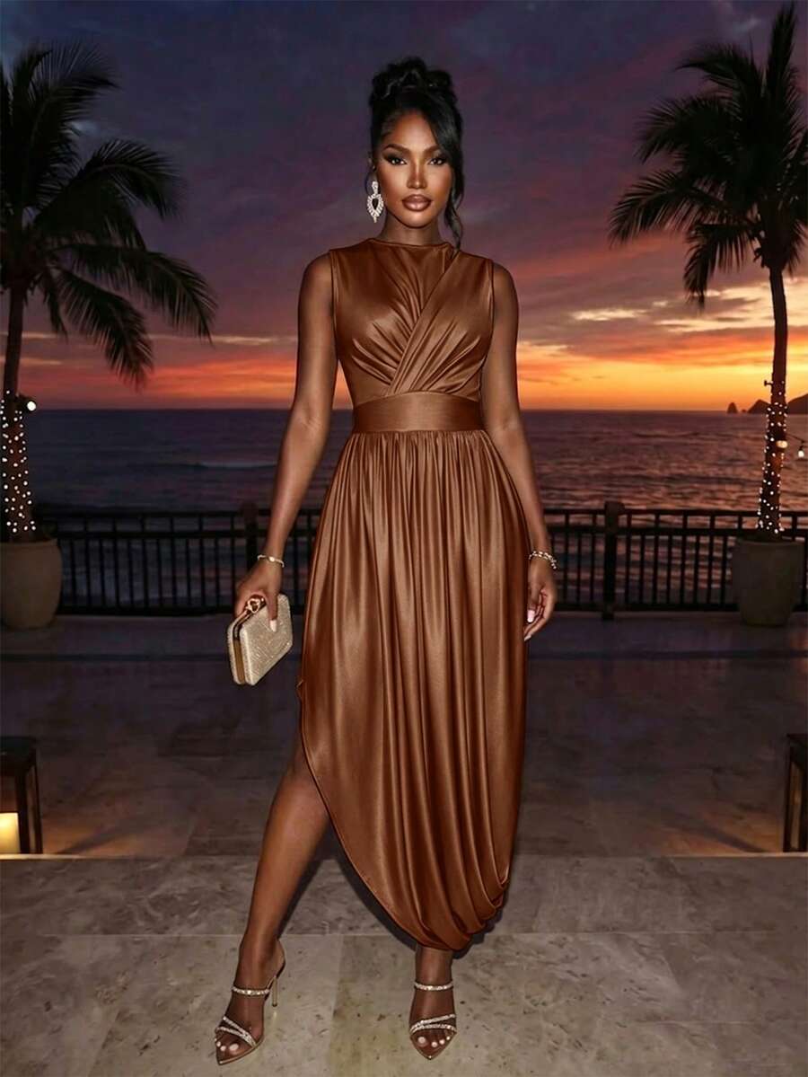 SOLERSUN Summer Women's High-End Waist-Cinching High-Waisted Design Apricot Bodycon Slim Long Dress